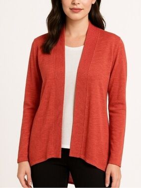 Eileen Fisher Organic Linen Cotton Blend Medium Open Front Cardigan Orange Red